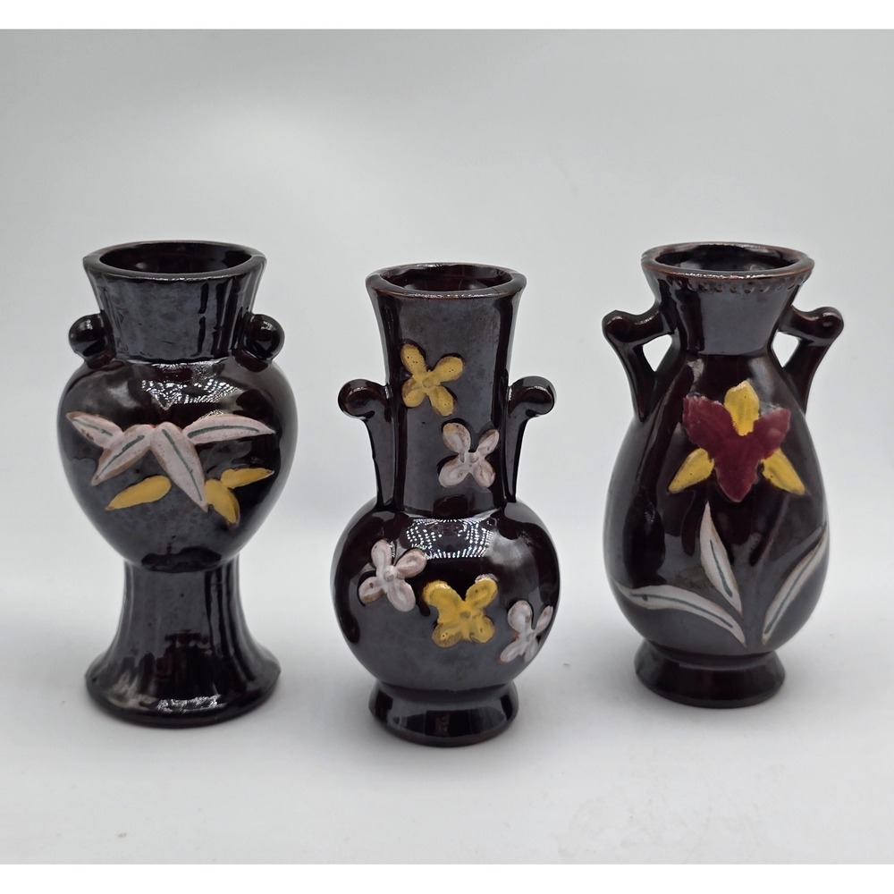 Vintage MCM Japan Miniature Bud Vase Set of 3 Dark Brown Floral Pottery 4"